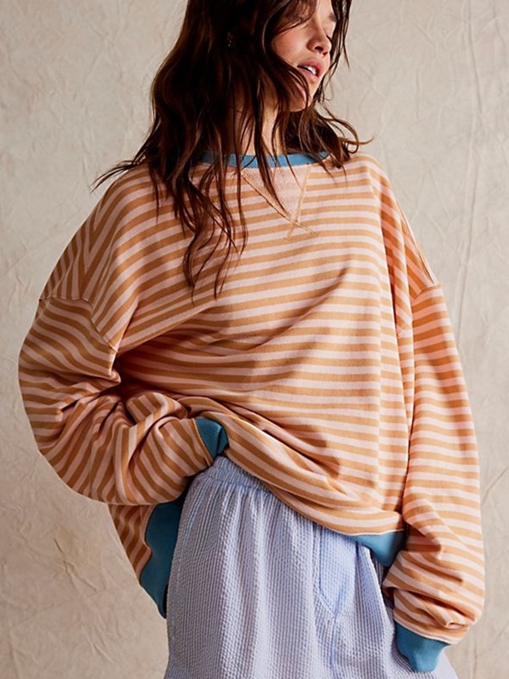 Free People We The Free Classic Striped Crewneck Latte Combo Sz Small OVERSIZED